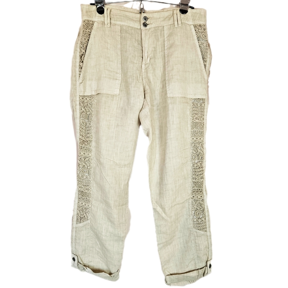 Tru Luxe Linen Lace Roll Up Pants Women's 8 Pockets Boho Spring Summer Vacation